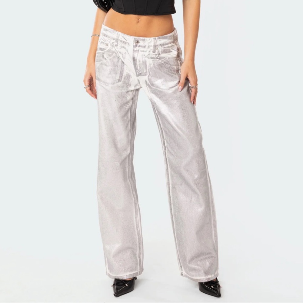 Metallic Silver Low-Rise Wide-Leg Jeans Size Medium from Edikted NWT